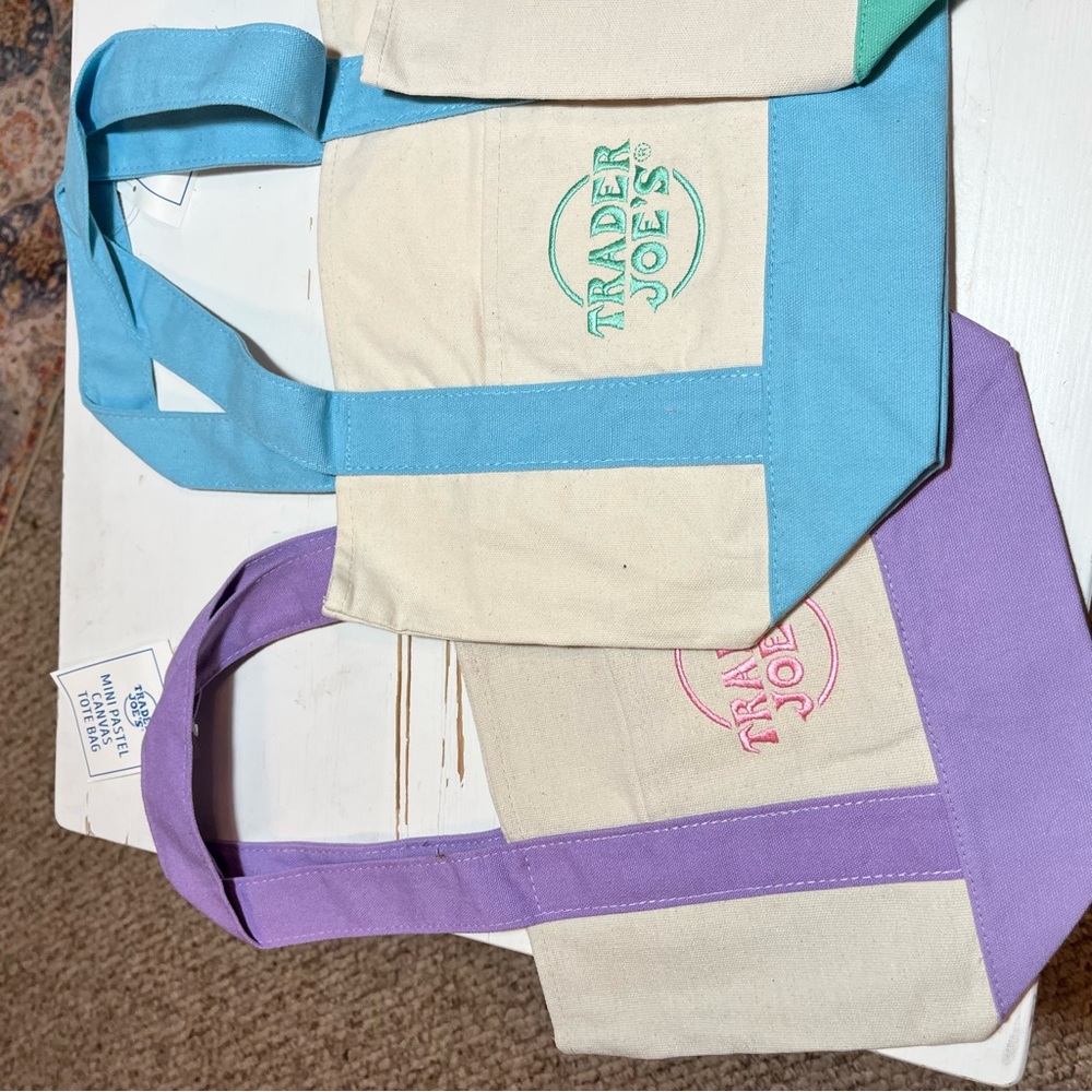 Set of 4 Trader Joe's mini Pastel Canvas Tote Bags:Pink, Blue, Green, Purple NWT - Picture 8 of 10